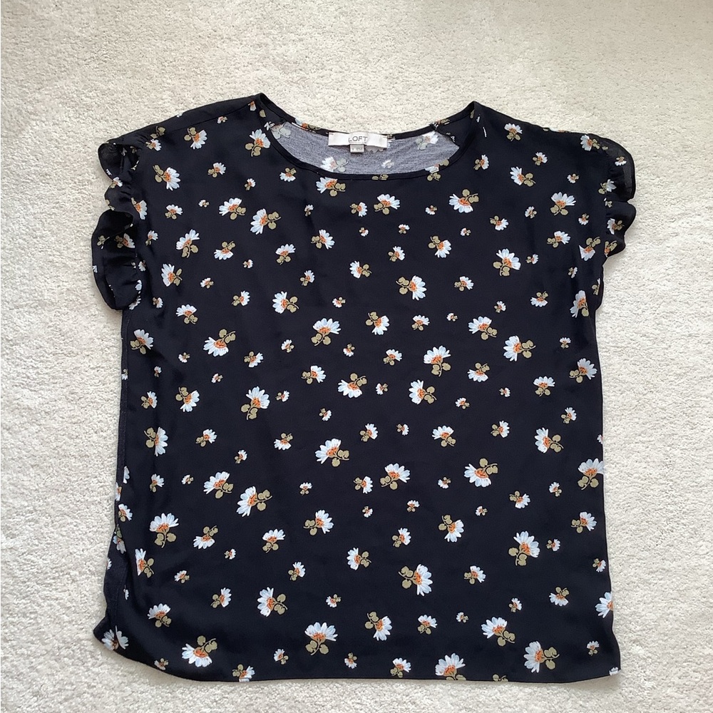 LOFT Black White Floral Cap Sleeve Ruffle Mixed Media Top Blouse S